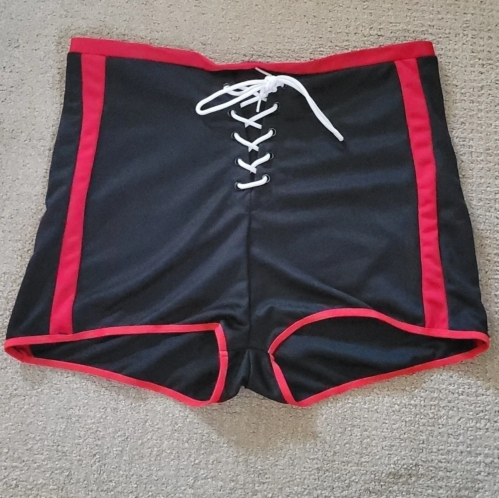 Dolls Kill 1/2 of Cheerleader Costume High Waist Lace Up Two Tone Mini Shorts - Picture 2 of 10